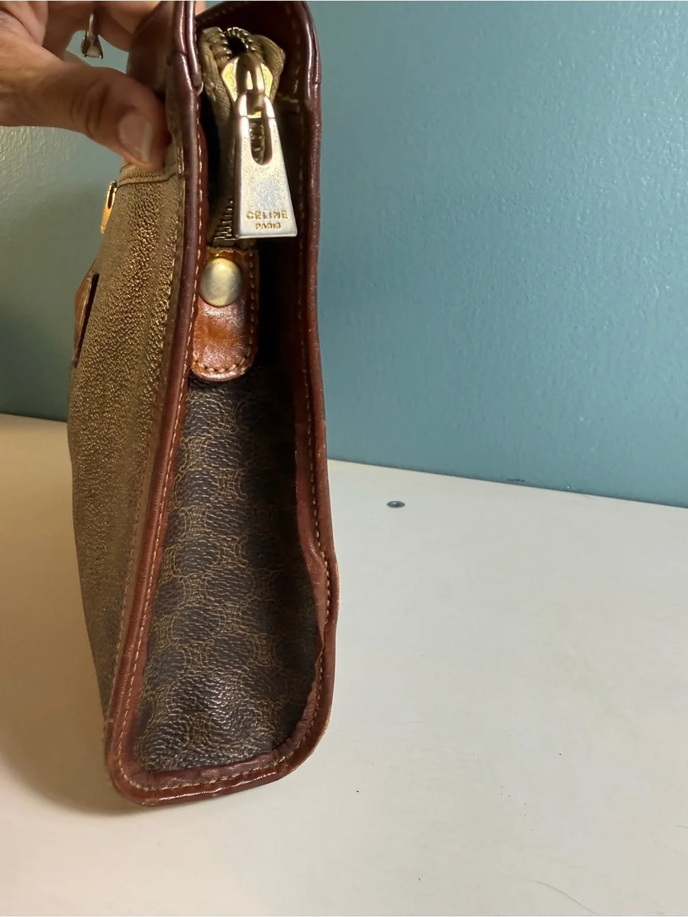 CELINE Macadam Triomphe Brown Clutch Wristlet Bag Gold Hardware Vintage